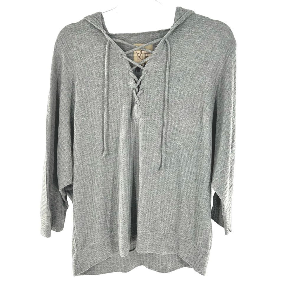 NWT Chaser Gray Thermal Waffle Knit Lace Up Hooded Pullover Shirt Size Medium